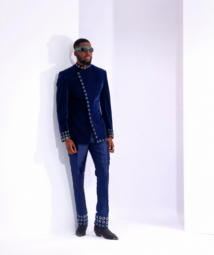 The "RAS-19" – Navy Blue Layered Safari Suit with Silver Eyelet