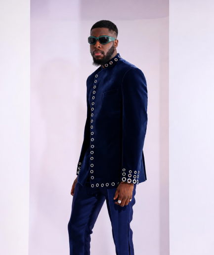 The "RAS-19" – Navy Blue Layered Safari Suit with Silver Eyelet