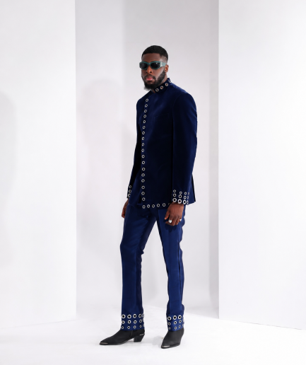 The "RAS-19" – Navy Blue Layered Safari Suit with Silver Eyelet