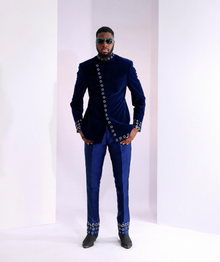 The "RAS-19" – Navy Blue Layered Safari Suit with Silver Eyelet