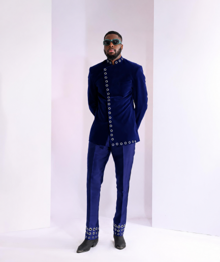 The "RAS-19" – Navy Blue Layered Safari Suit with Silver Eyelet