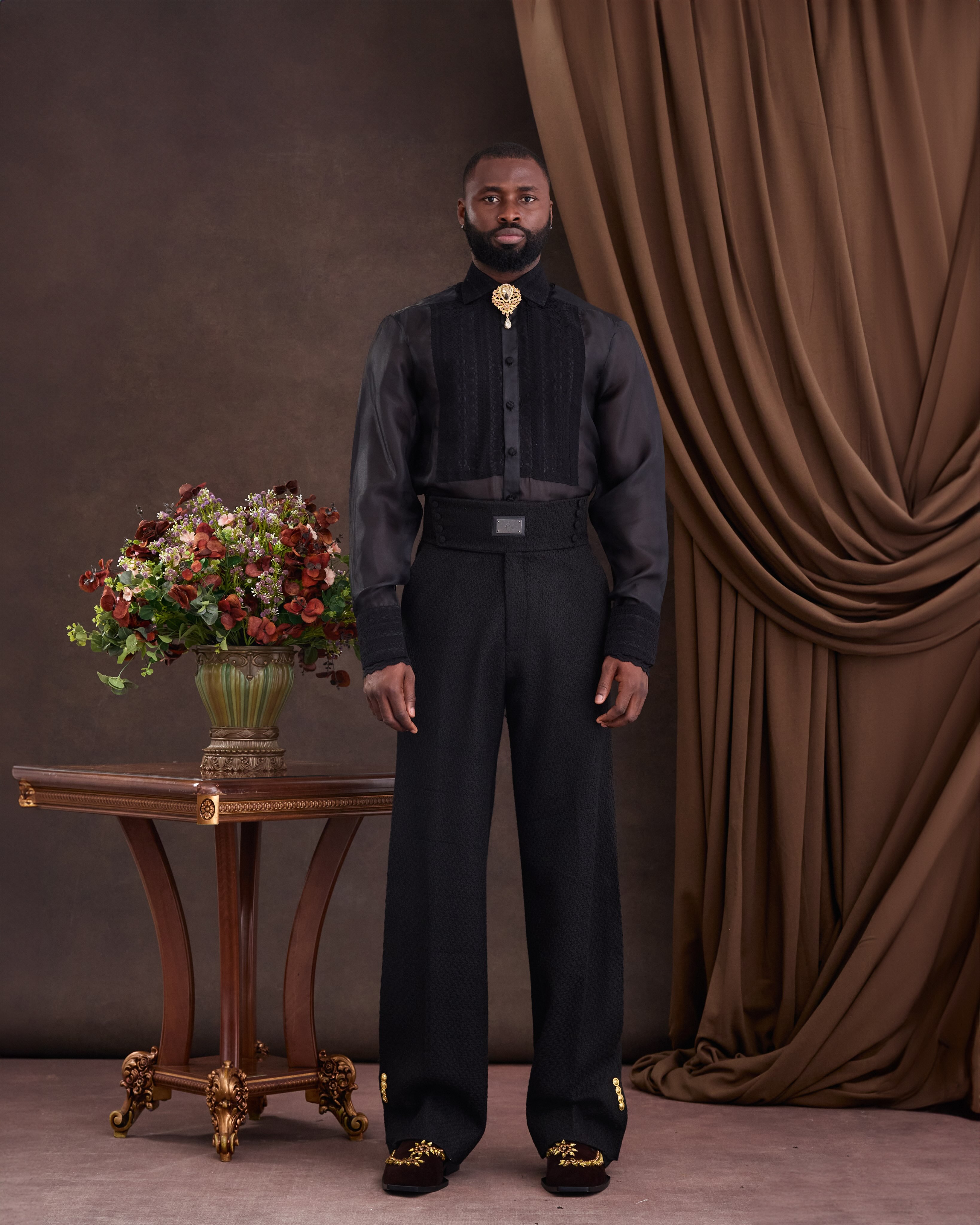 Buy Adam Terra Look 8 – Black Laced Front Detail Shirt | Deji&Kola Black Laced Organza Shirt.