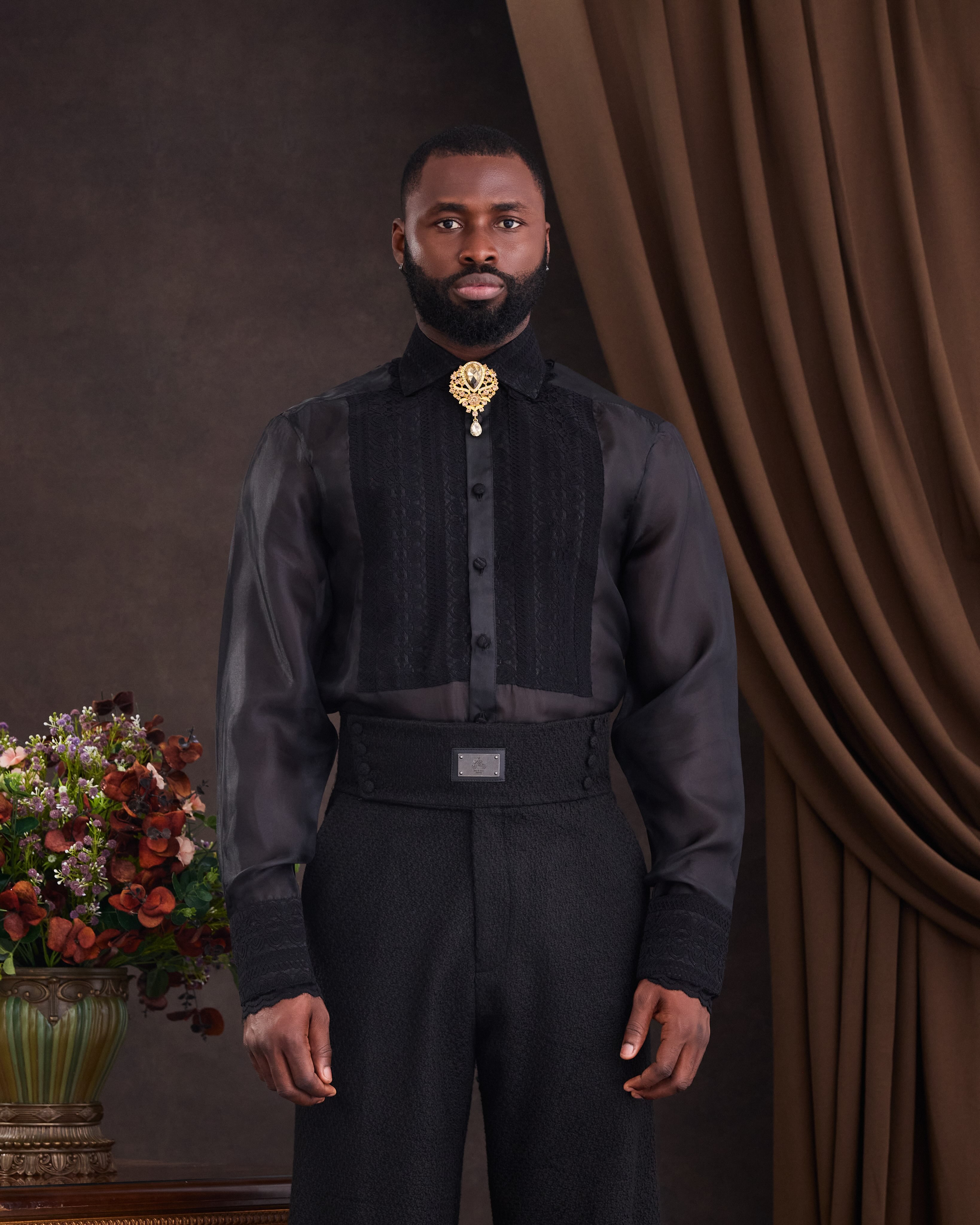 Buy Adam Terra Look 8 – Black Laced Front Detail Shirt | Deji&Kola Black Laced Organza Shirt.