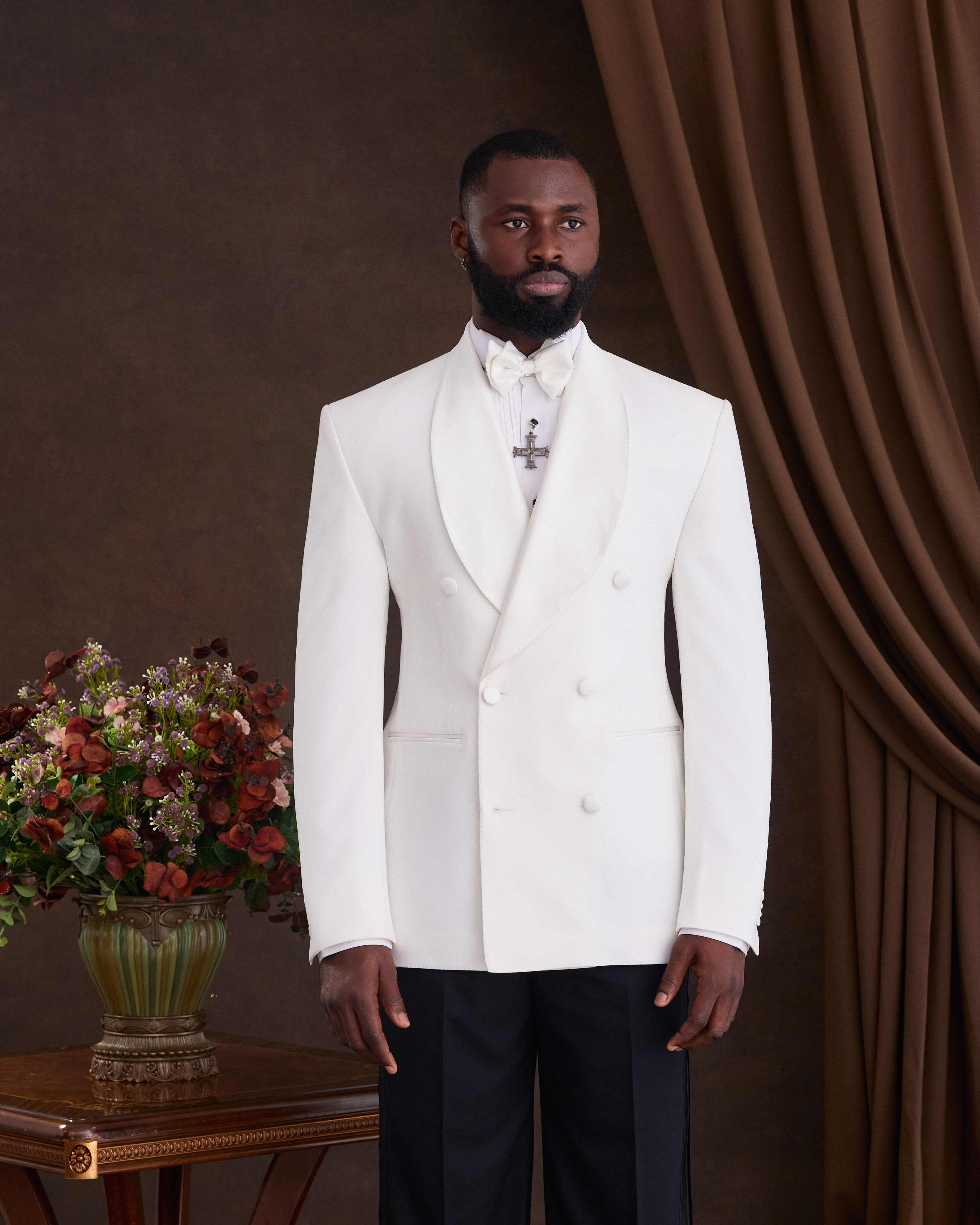 Buy Ivory White Double-Breasted Shawl Lapel Suit | Deji & Kola Ivory White Double-Breasted Suit