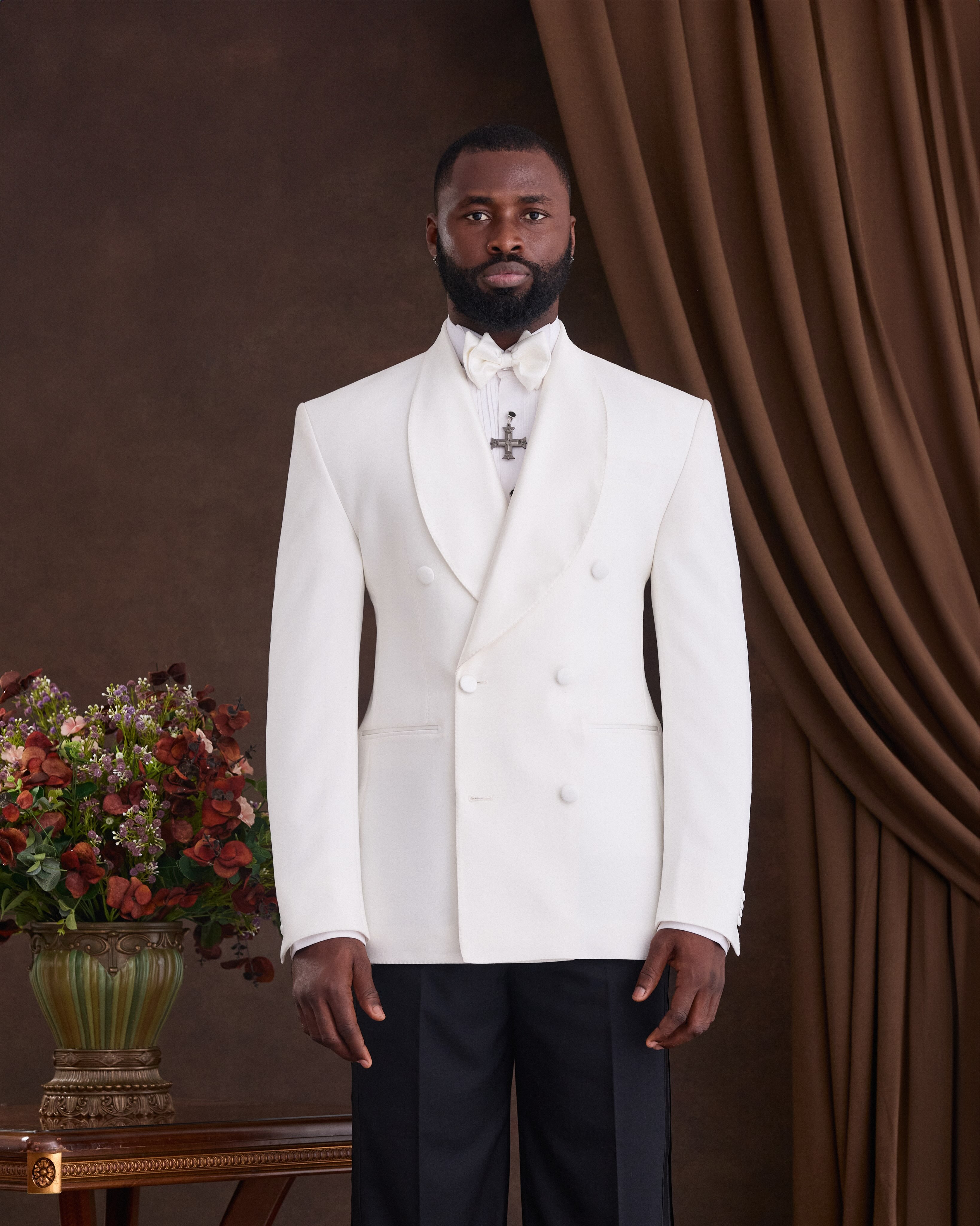 Buy Ivory White Double-Breasted Shawl Lapel Suit | Deji & Kola Ivory White Double-Breasted Suit
