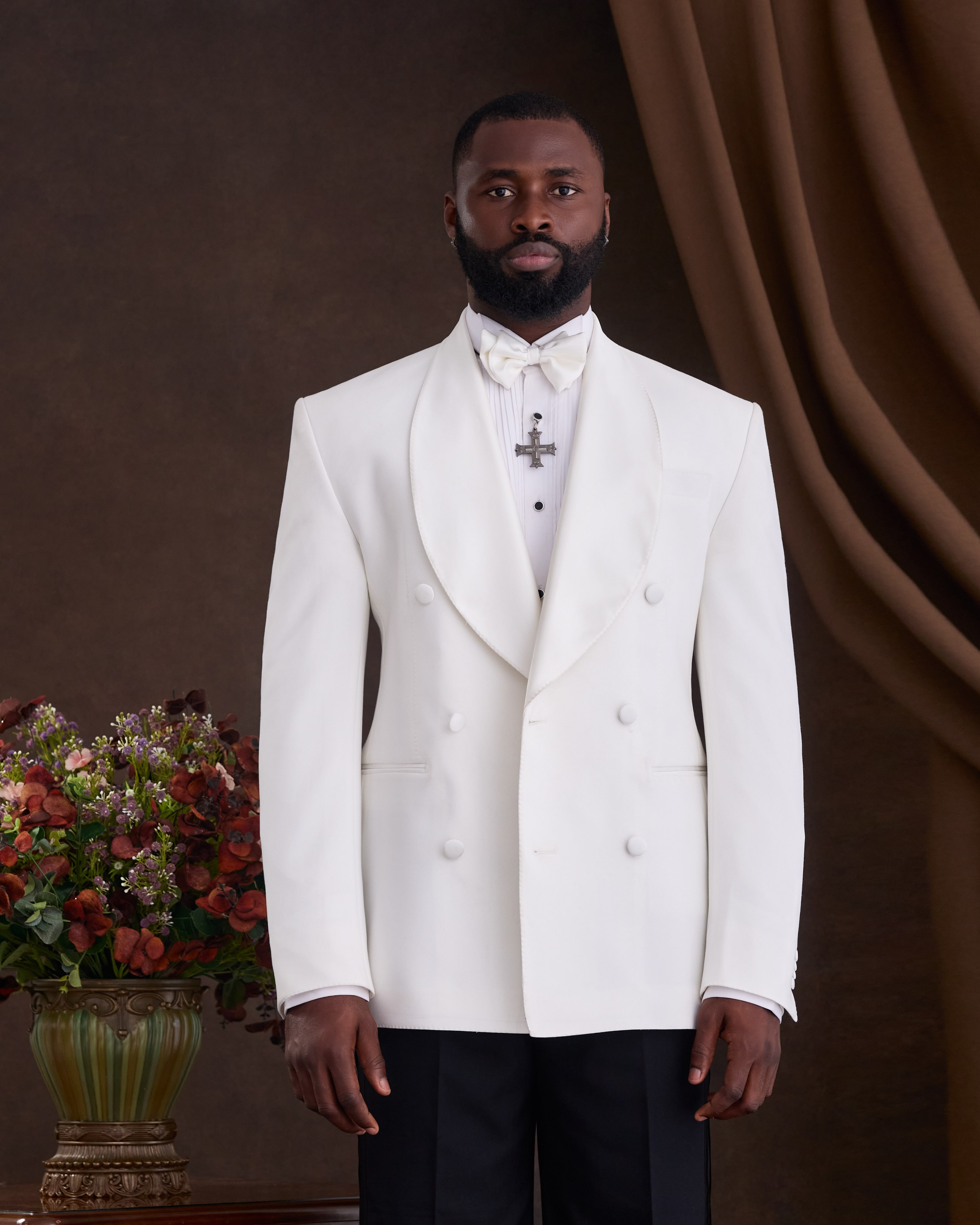 Buy Ivory White Double-Breasted Shawl Lapel Suit | Deji & Kola Ivory White Double-Breasted Suit