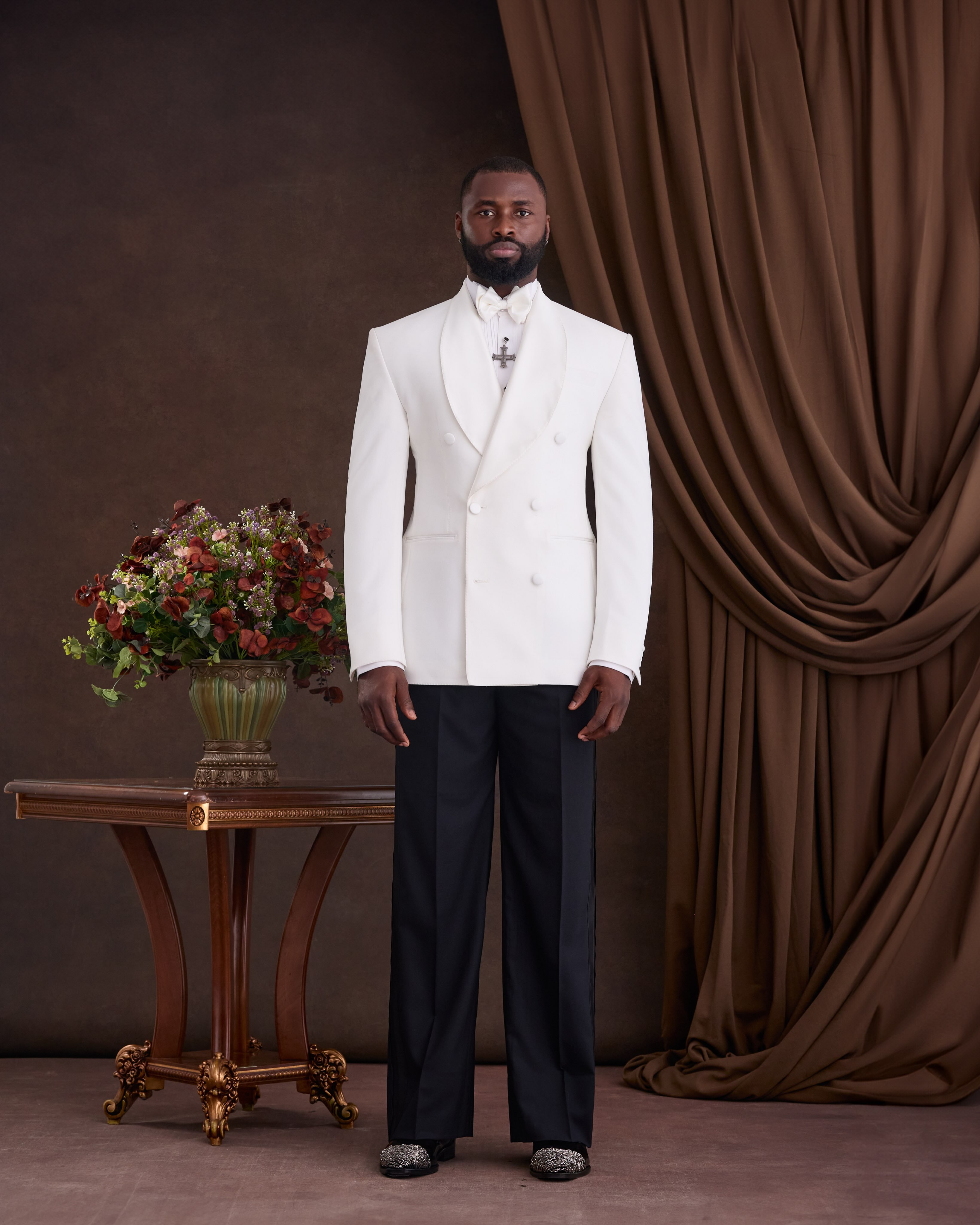Buy Ivory White Double-Breasted Shawl Lapel Suit | Deji & Kola Ivory White Double-Breasted Suit