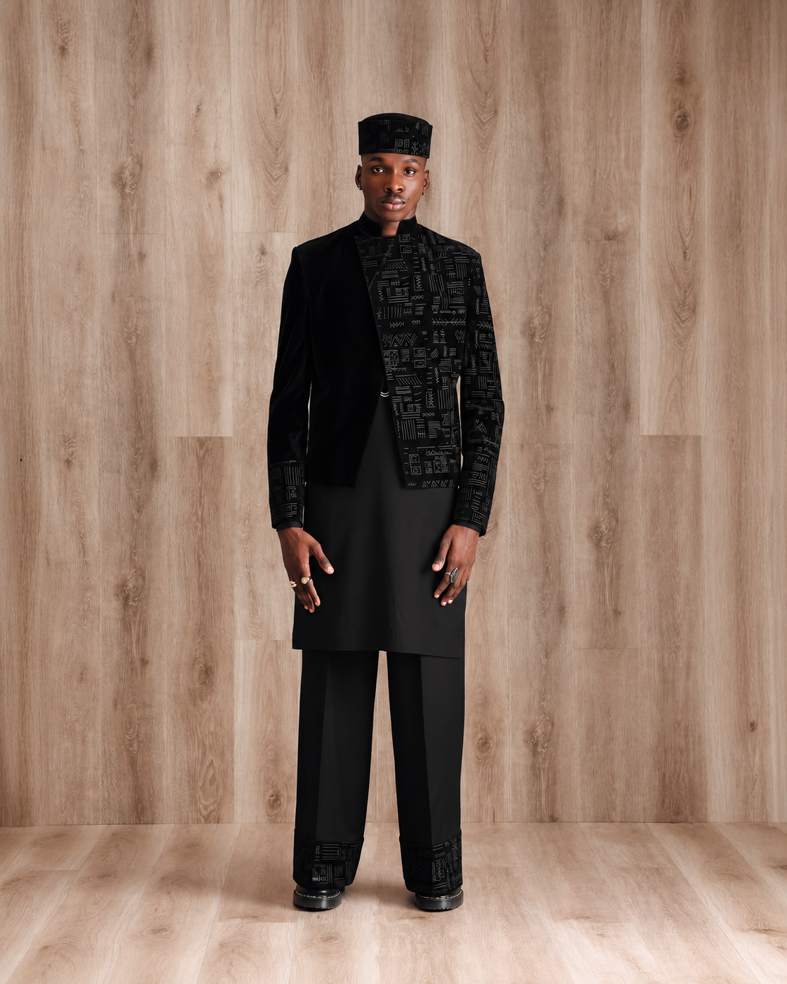 Shop black velvet jacket with kaftan - Deji & Kola A black velvet jacket with kaftan