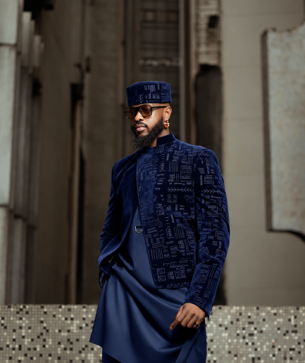 A navy blue velvet jacket with kaftan