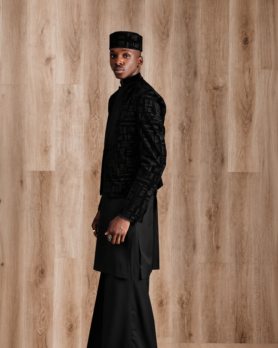 Shop black velvet jacket with kaftan - Deji & Kola A black velvet jacket with kaftan