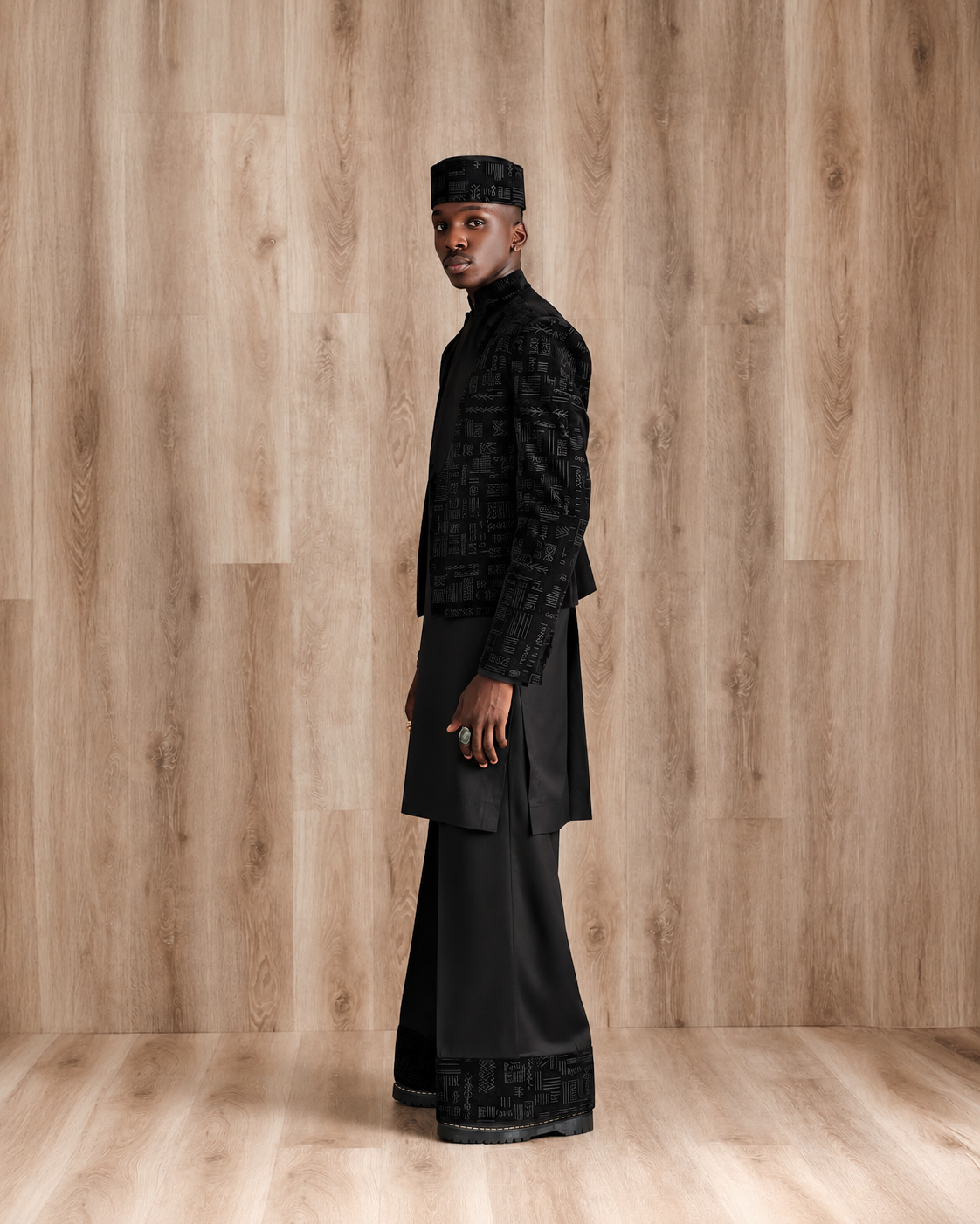 Shop black velvet jacket with kaftan - Deji & Kola A black velvet jacket with kaftan