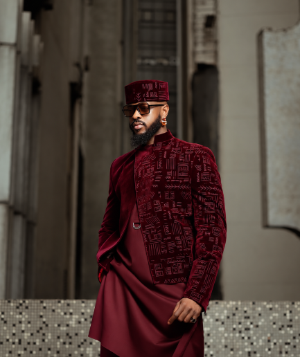A burgundy velvet jacket with kaftan