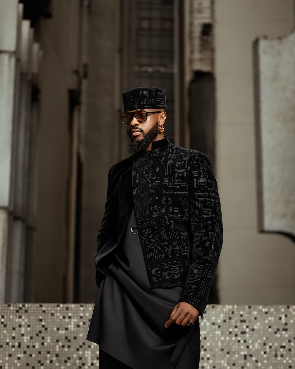 Shop black velvet jacket with kaftan - Deji & Kola A black velvet jacket with kaftan