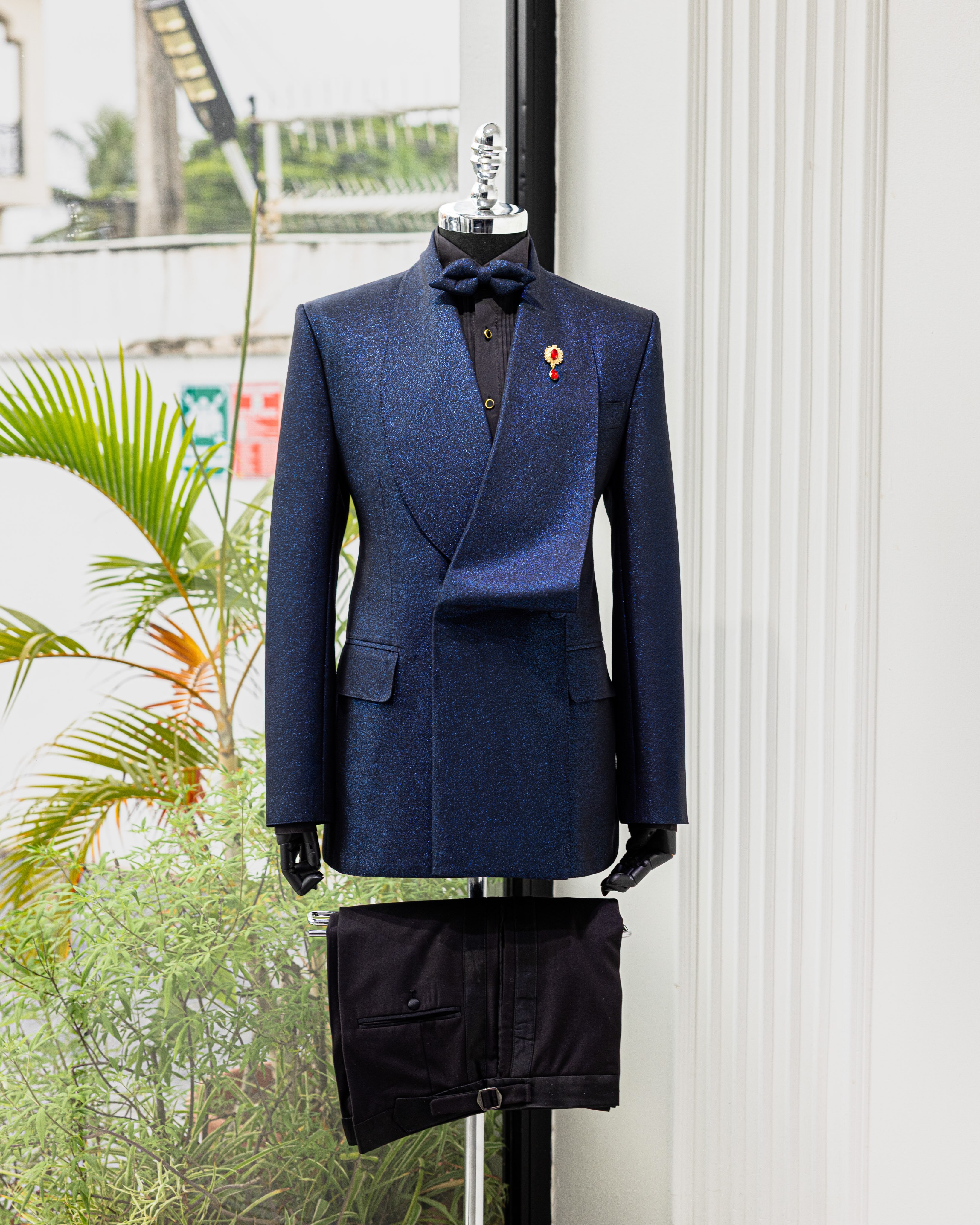Buy Navy Blue Jacquard Double-Breasted Tuxedo | Deji & Kola Navy Blue Jacquard Tuxedo Suit