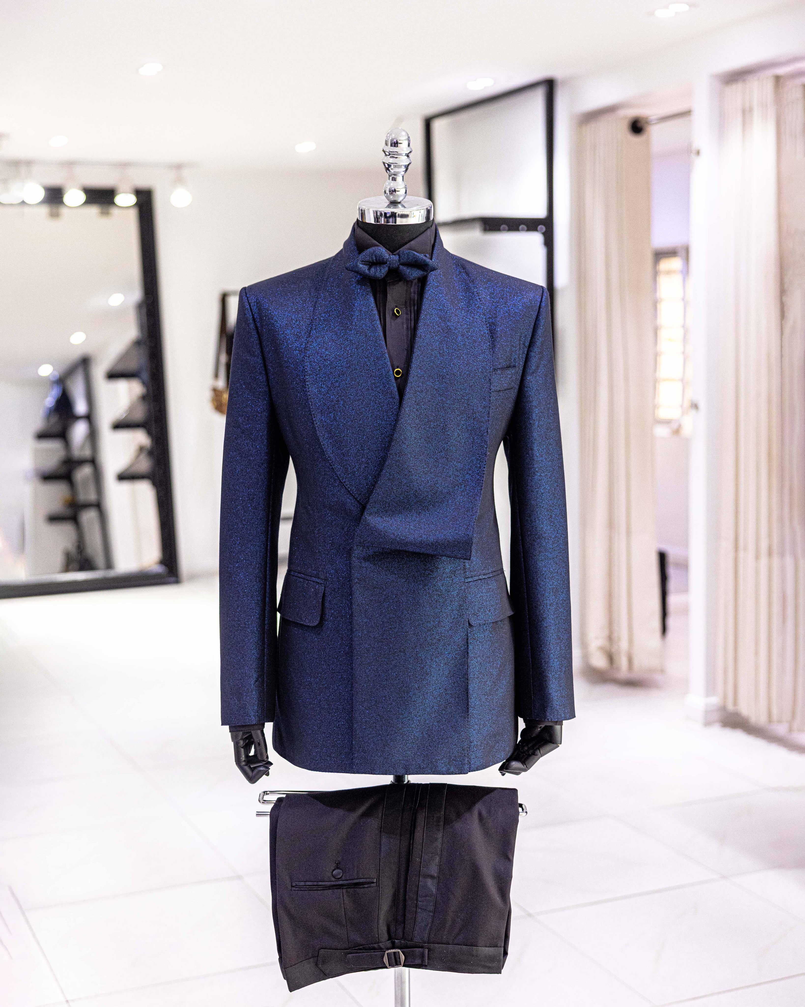Buy Navy Blue Jacquard Double-Breasted Tuxedo | Deji & Kola Navy Blue Jacquard Tuxedo Suit