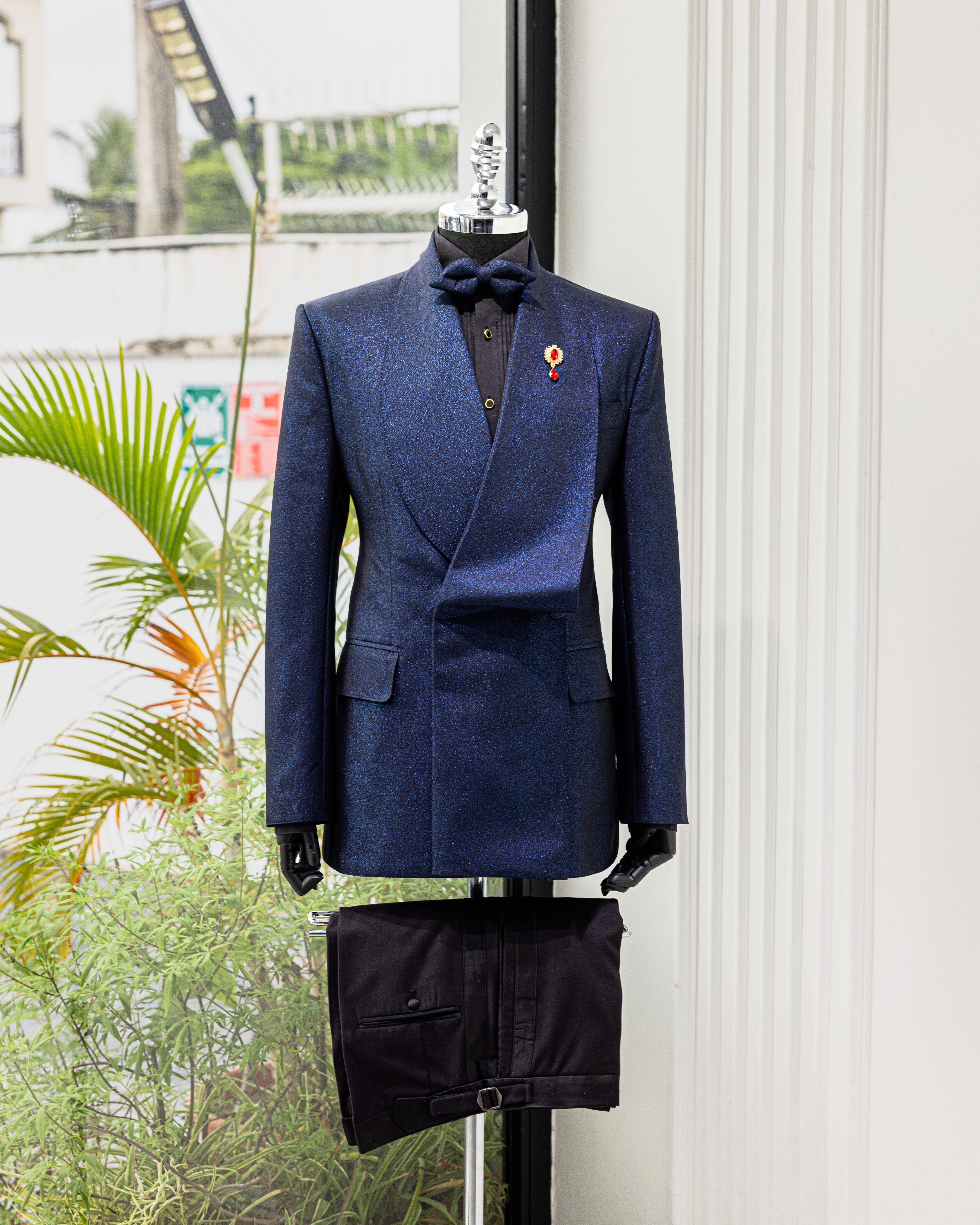 Buy Navy Blue Jacquard Double-Breasted Tuxedo | Deji & Kola Navy Blue Jacquard Tuxedo Suit