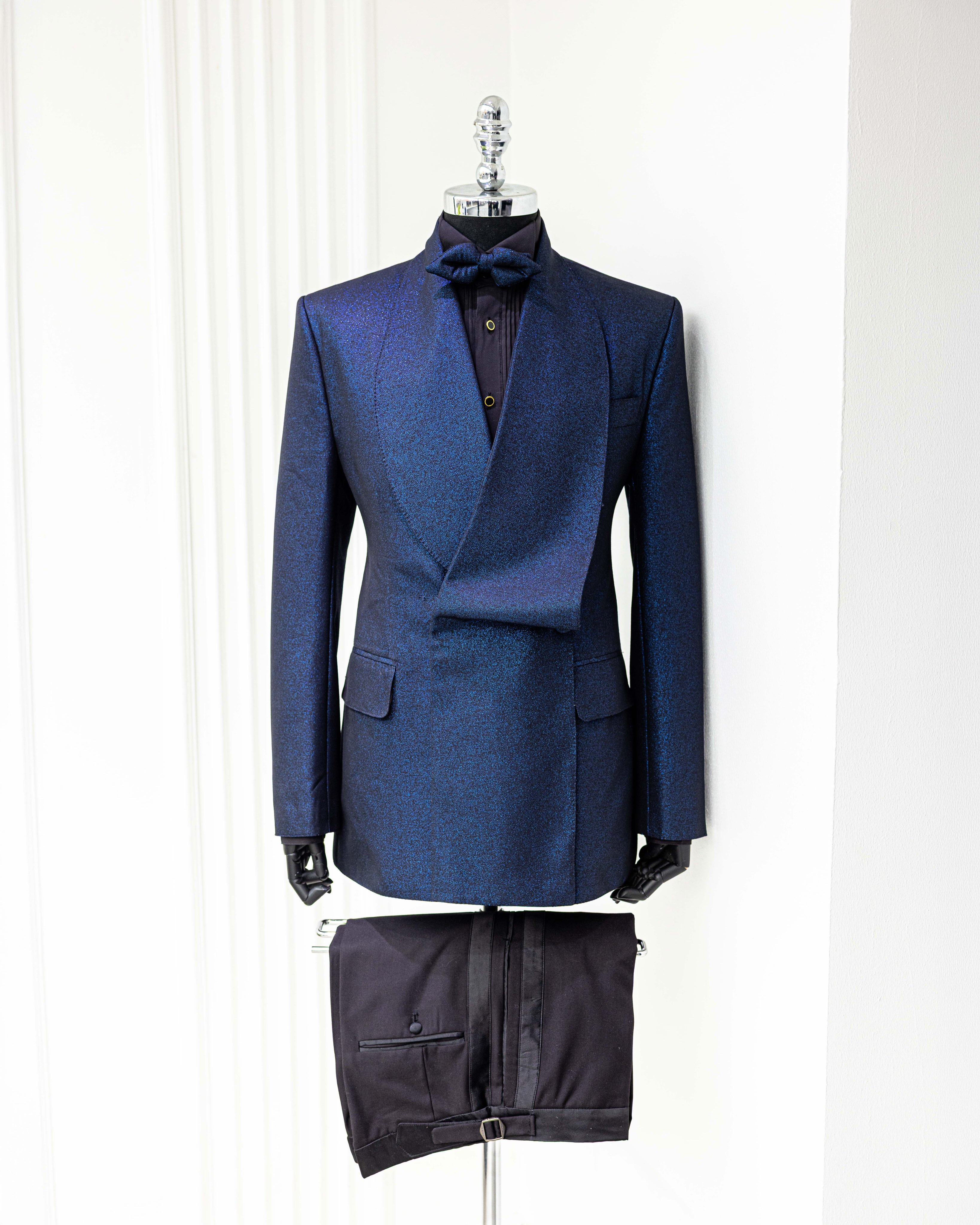 Buy Navy Blue Jacquard Double-Breasted Tuxedo | Deji & Kola Navy Blue Jacquard Tuxedo Suit