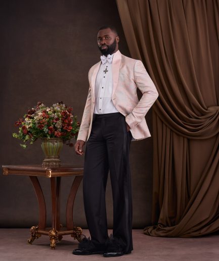 Green and pink floral jacquard tuxedo suit