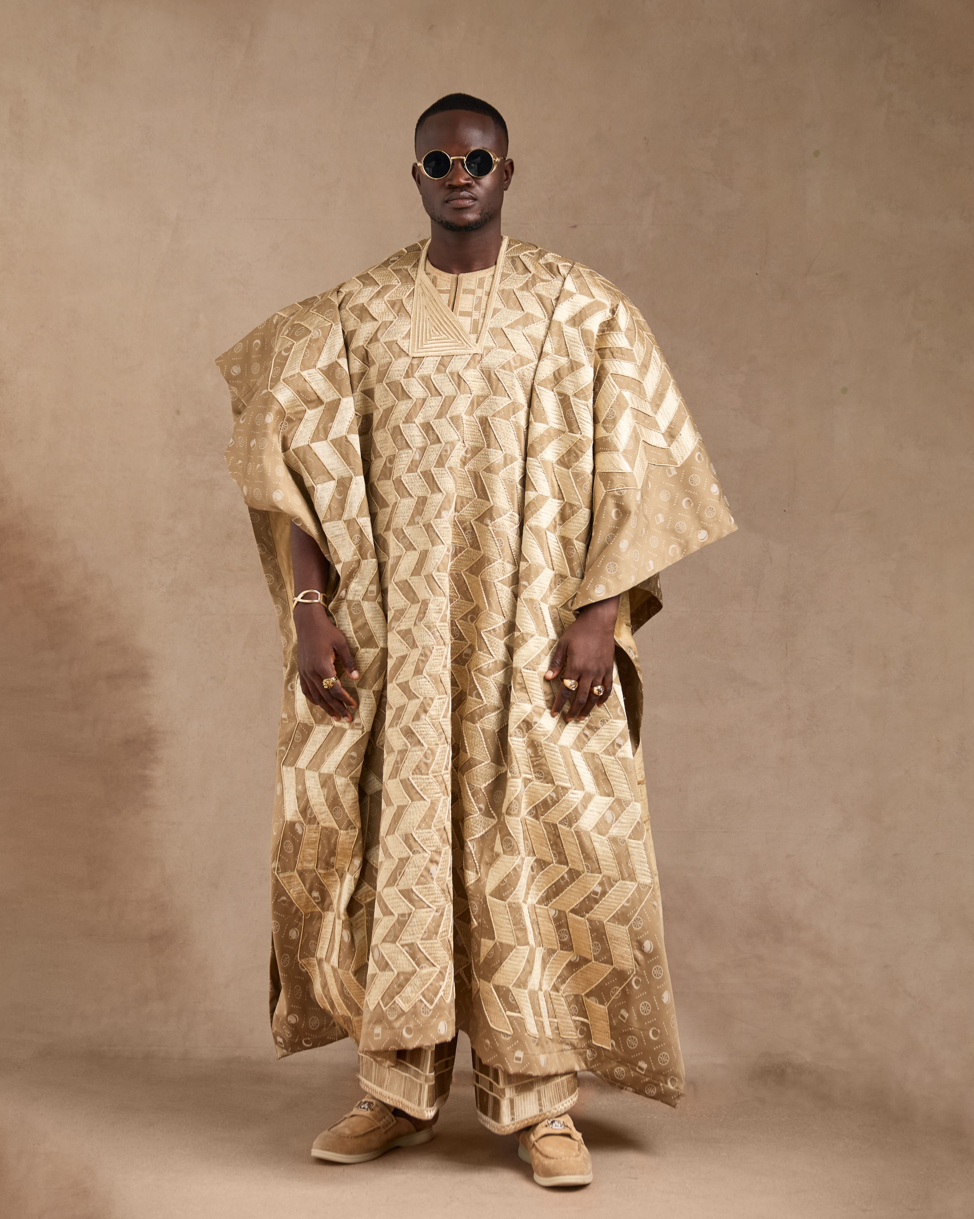 Buy Champagne Gold Embroidered Agbada for Men | Deji & Kola Champagne gold embroidered Agbada