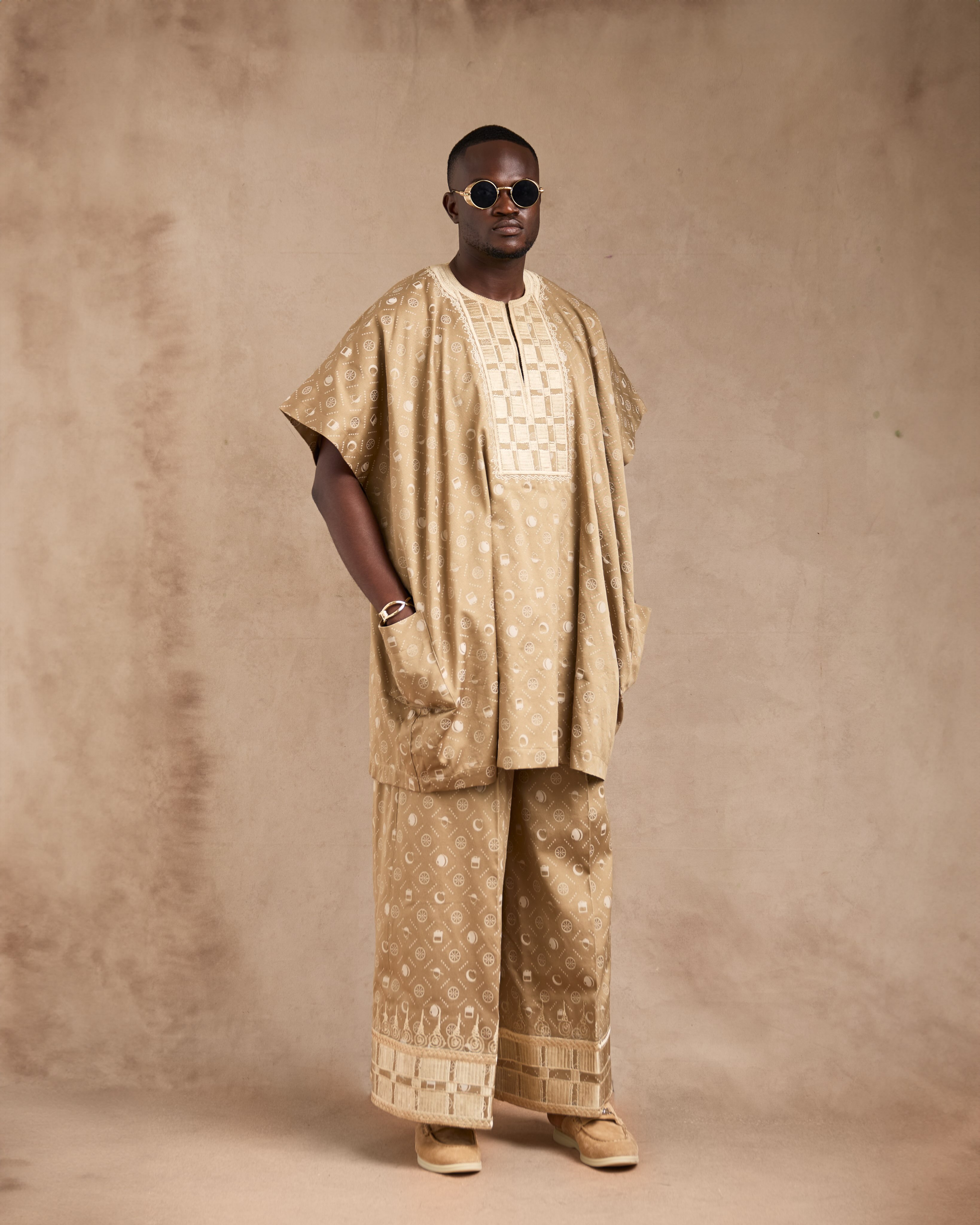 Buy Champagne Gold Embroidered Agbada for Men | Deji & Kola Champagne gold embroidered Agbada