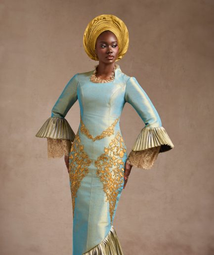 Aqua Blue and Gold Aso-Oke Gown