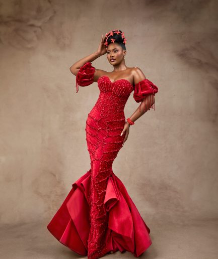 Red beaded mermaid gown