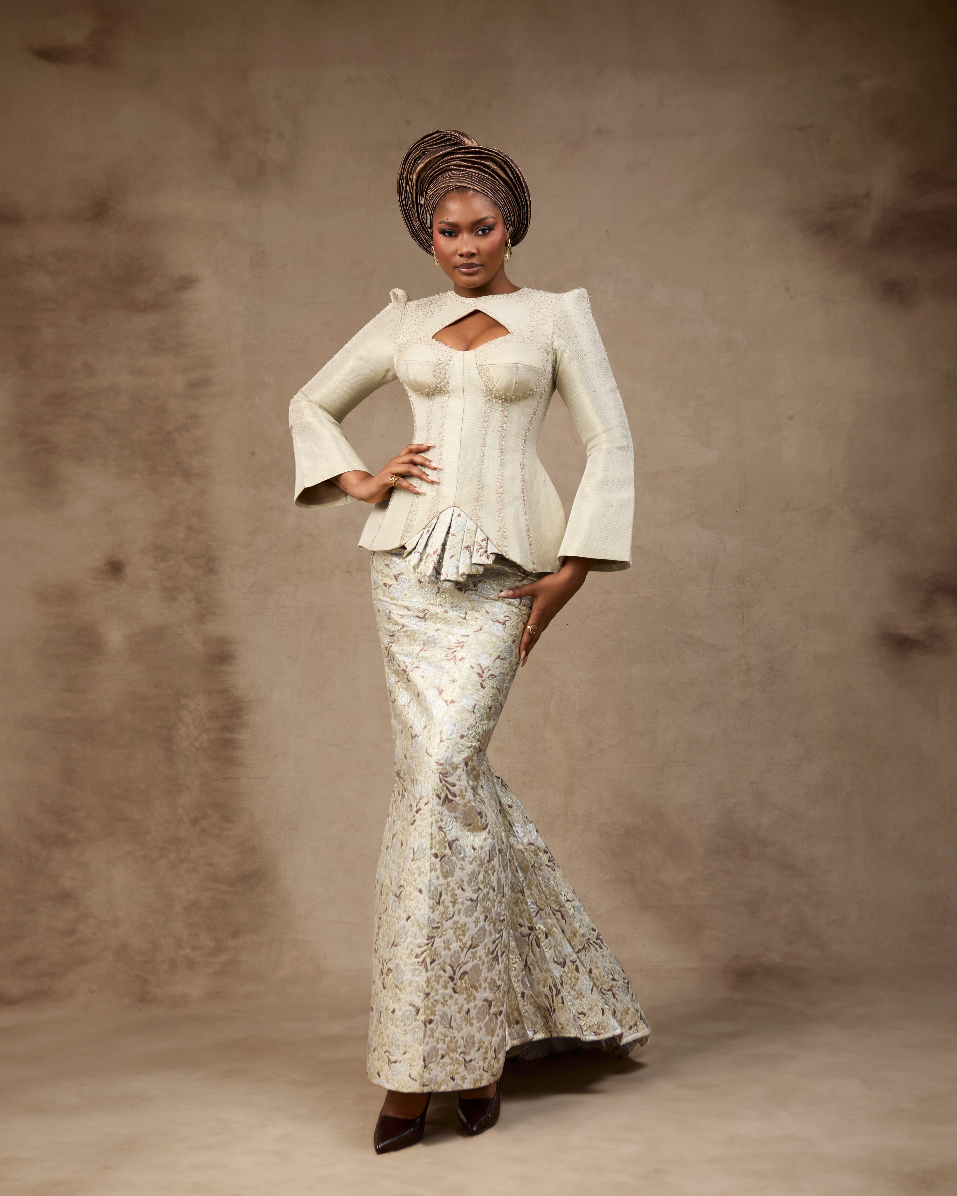 Buy Ivory Floral Brocade Mermaid Gown | Deji & Kola Ivory floral brocade gown