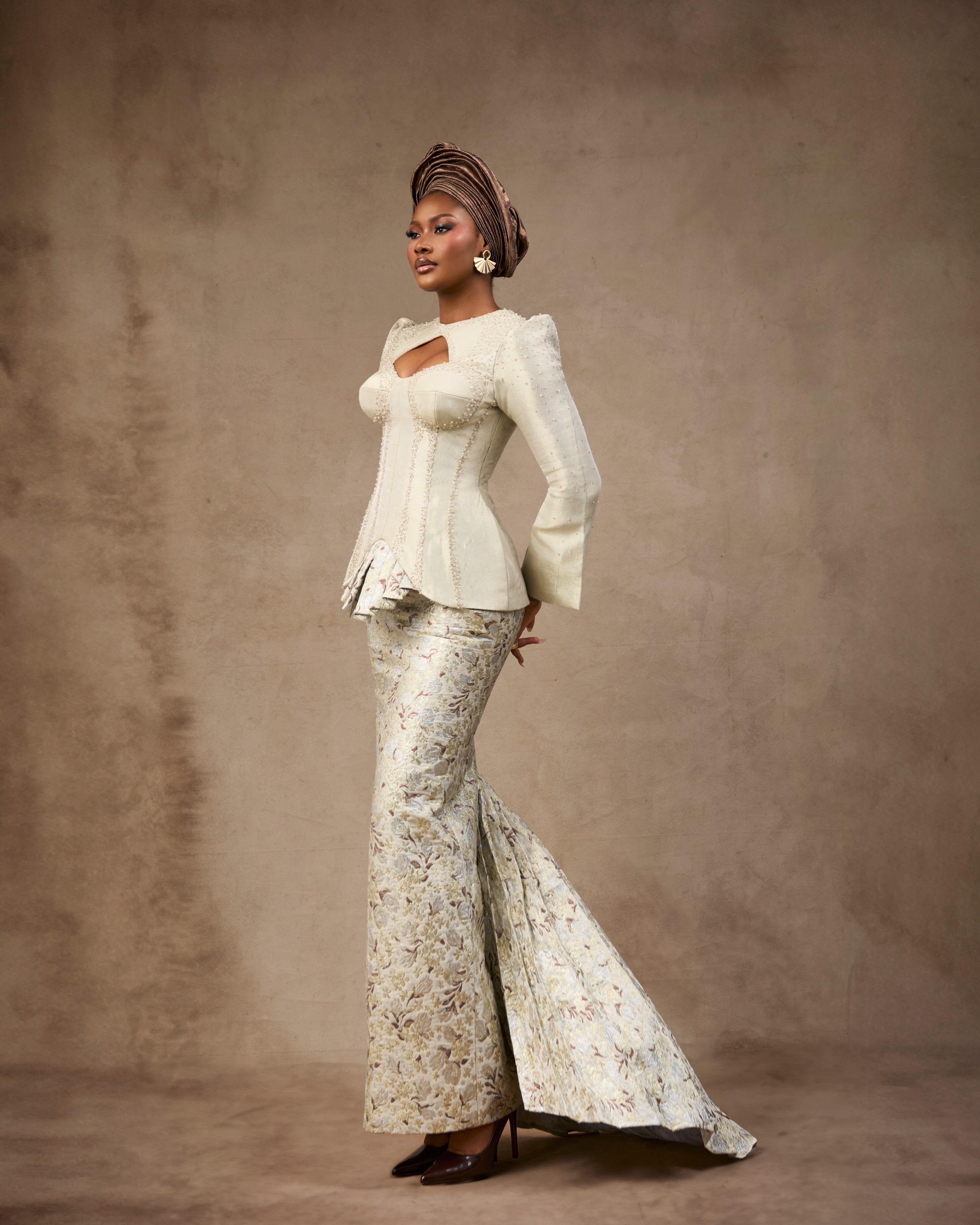 Buy Ivory Floral Brocade Mermaid Gown | Deji & Kola Ivory floral brocade gown