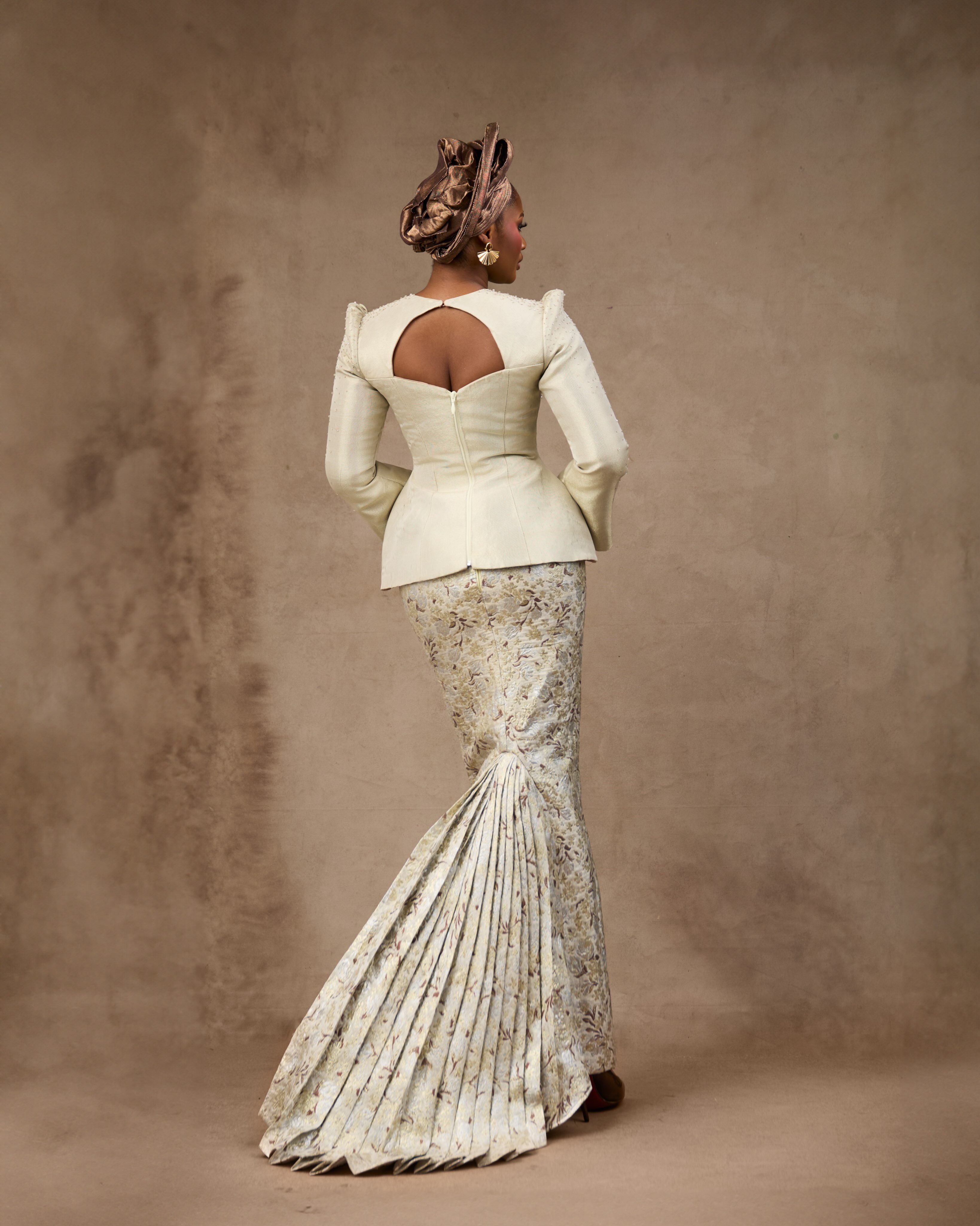 Buy Ivory Floral Brocade Mermaid Gown | Deji & Kola Ivory floral brocade gown
