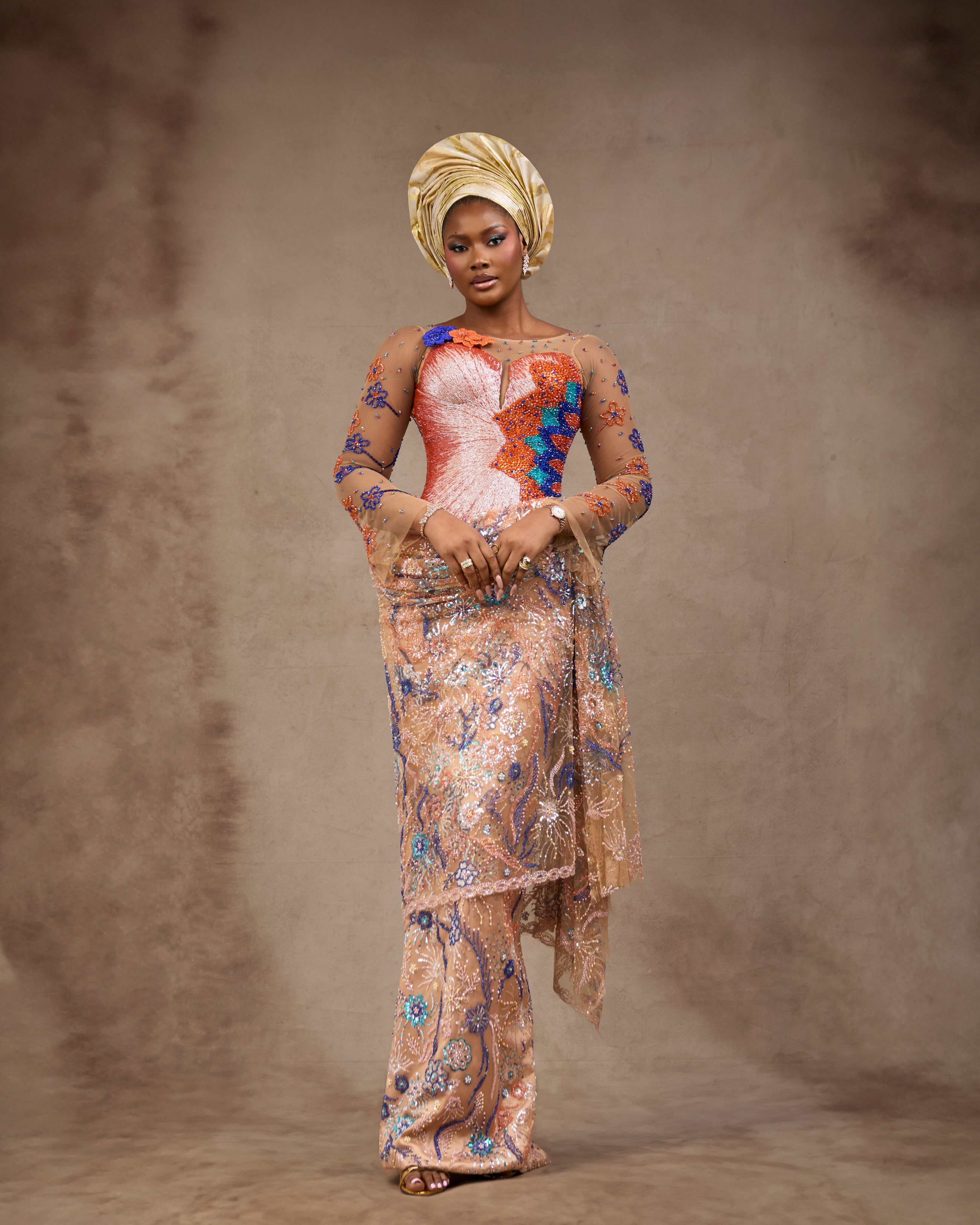 Buy Peach Beaded Gown with Floral Embroidery | Deji & Kola Peach beaded gown