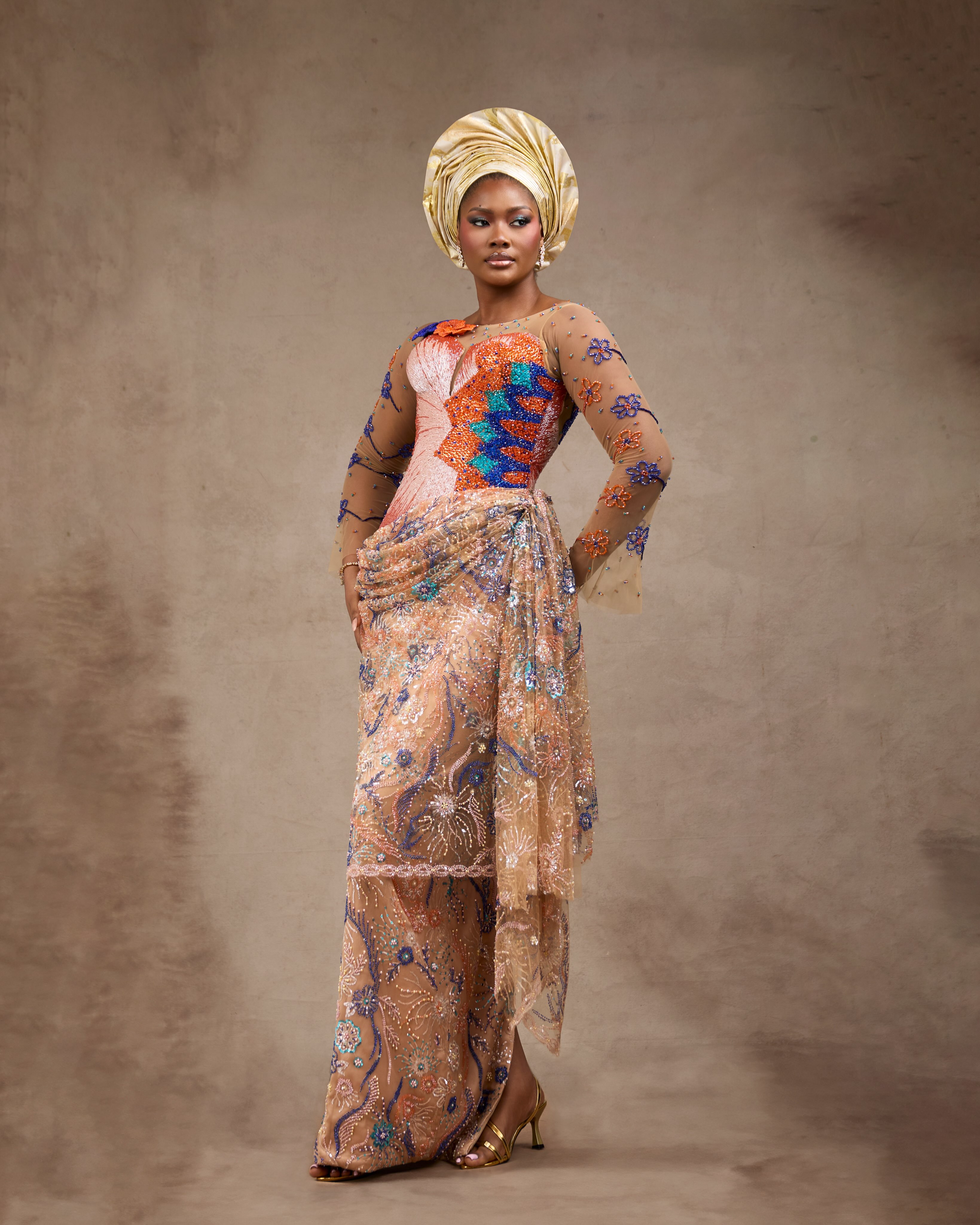 Buy Peach Beaded Gown with Floral Embroidery | Deji & Kola Peach beaded gown