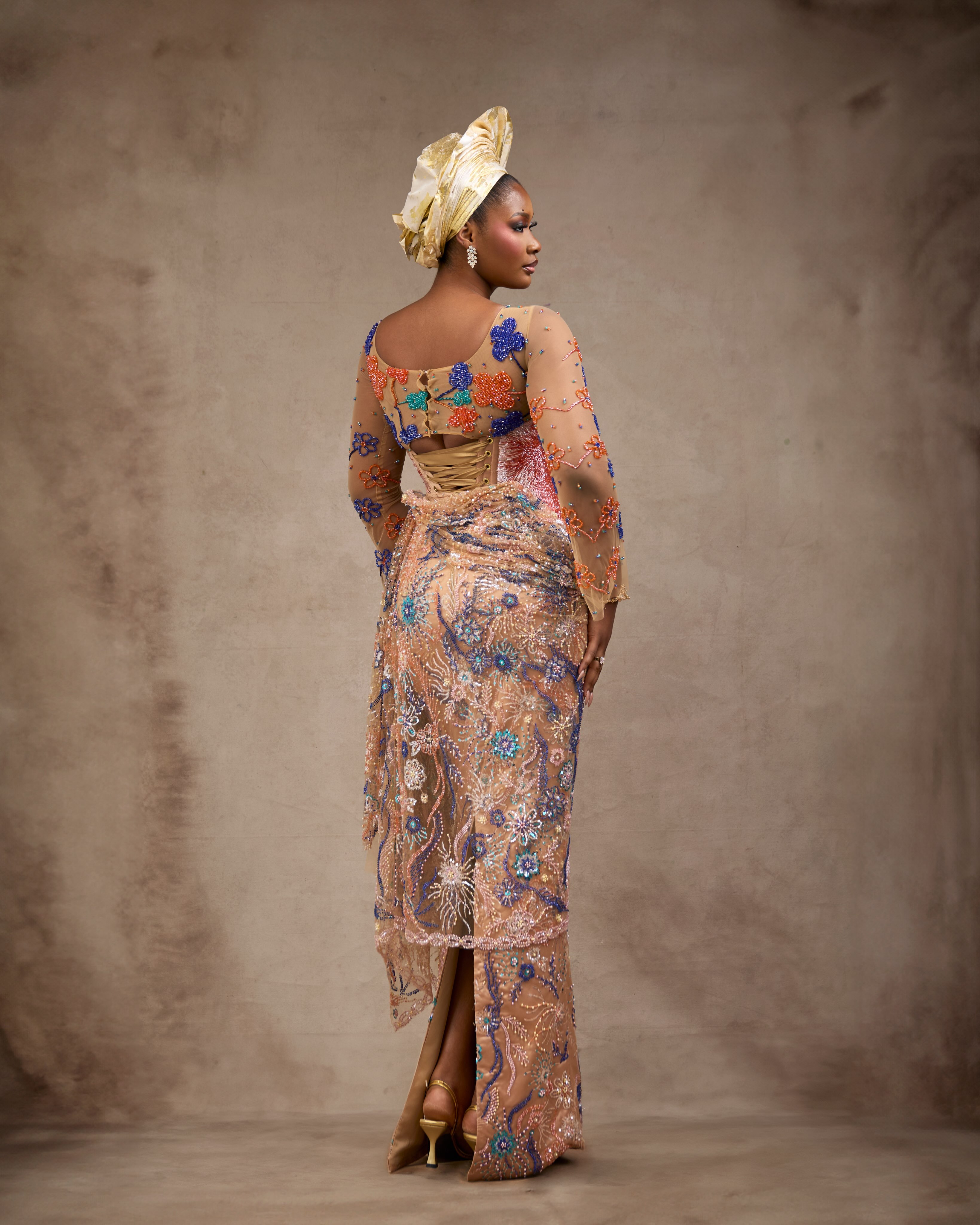 Buy Peach Beaded Gown with Floral Embroidery | Deji & Kola Peach beaded gown